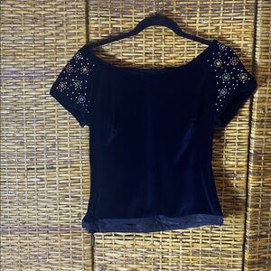GVC vintage velvet slightly off shoulder rhinestone gem cropped blouse top XS S?